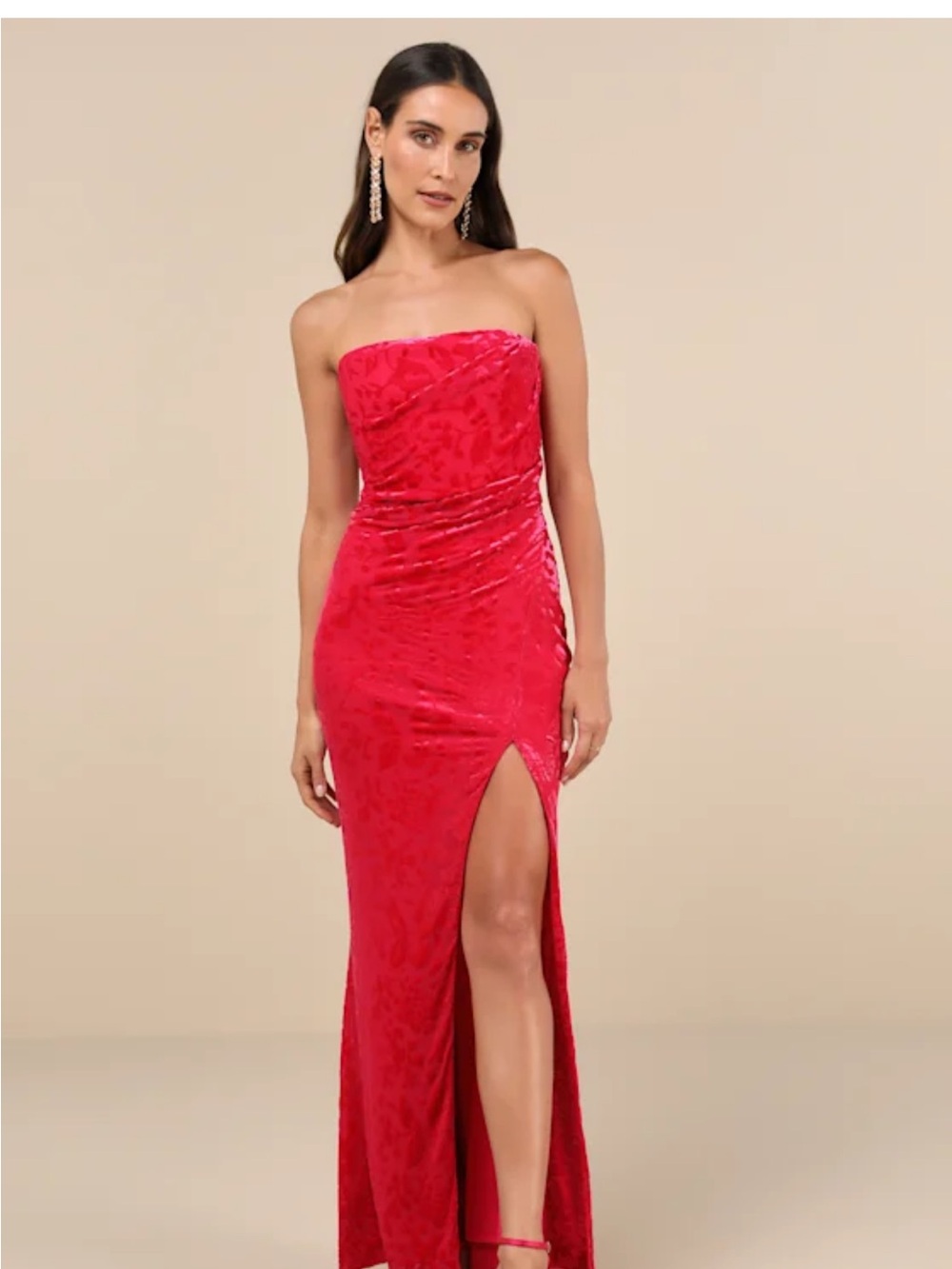 Lulus Fabulous Darling Fuchsia Burnout Velvet Strapless Maxi Dress xs